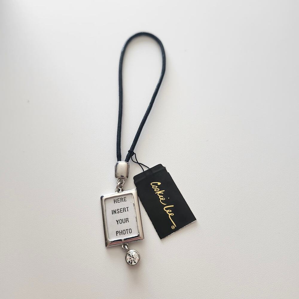Cookie Lee 99389 Photo Frame Purse Charm Rhinestone Dangle Silver Black Cord NWT